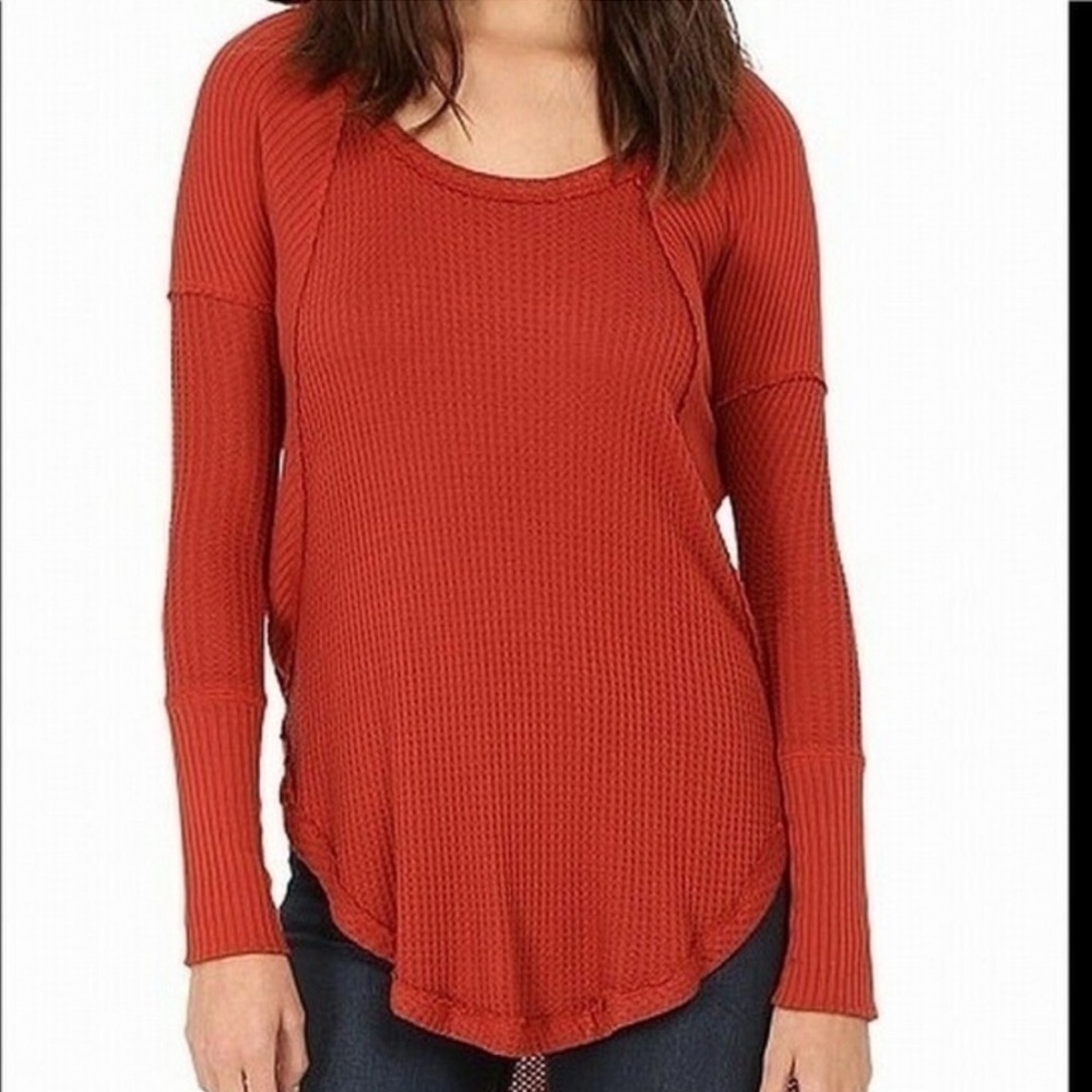 Free People Rust Waffle Knit Ruffle Hem Tunic Top Size SP